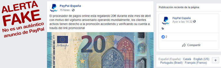 Noticia de Almera 24h: Un falso anuncio de PayPal en Facebook ofrece 20 euros para acceder a las contraseas de los usuarios