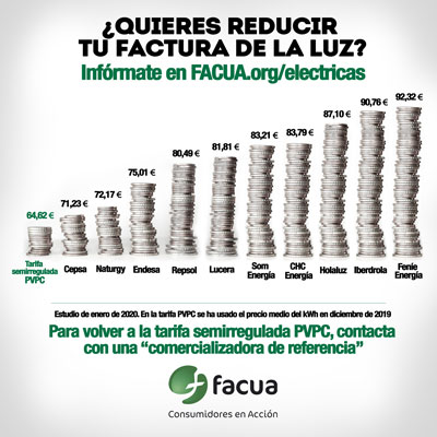 FACUA alerta: las tarifas elctricas del mercado libre, hasta un 64% ms caras que la semirregulada PVPC